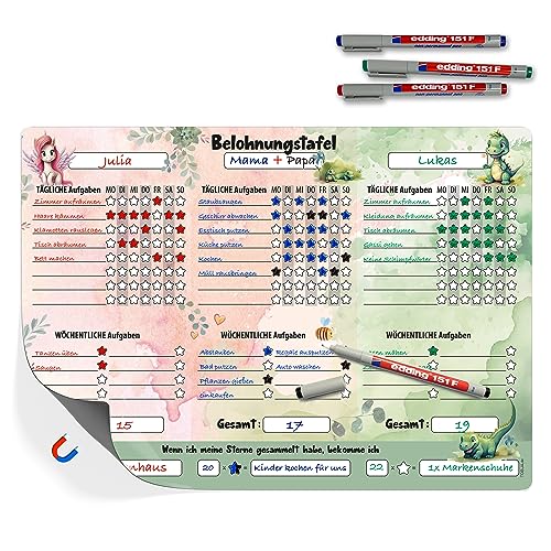 TOBJA Aufgabenplaner Kinder DIN A3 - Motiviert Kinder spielerisch zum Erfolg! | Belohnungstafel Kinder ab 3 im Einhorn, Dino Design | Routine Planer Kinder magnetisch inklusive Bunte Markenstifte von TOBJA