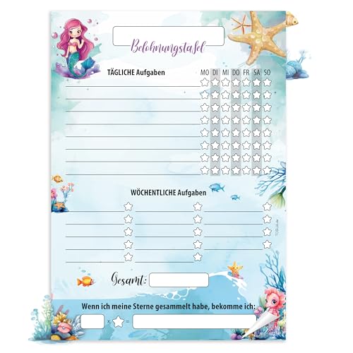 TOBJA Belohnungstafel A4 Block - Motiviert Kinder Spielerisch | 25 Blatt Belohnungstafel Ab 3 | Belohnungssystem Für Mädchen Und Jungen (Meerjungfrau) von TOBJA