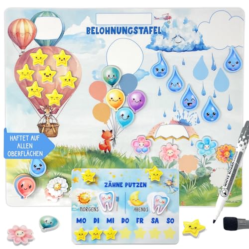 TOBJA Belohnungstafel Kinder Set 25x30 cm inkl. Zahnputztafel, abwischbarem Stift & wiederablösbaren Stickern – perfekte Belohnungssystem Kinder ab 3 Jahren, selbstklebend & wiederverwendbar von TOBJA