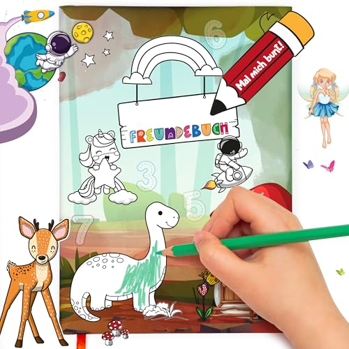 TOBJA Freundebuch Kindergarten Dino - Individuell gestaltbares Freundschaftsbuch für Mädchen & Jungen | Bemalbares Hardcover & 24 Doppelseiten Freundebuch Dinosaurier, Einhorn, Pirat (Kita) von TOBJA