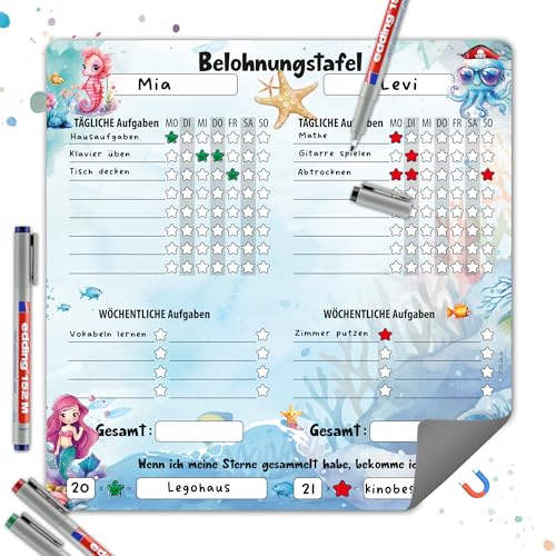 TOBJA Magnetische Belohnungstafel Kinder – Meerjungfrau Design, Routineplaner für 2 Kinder, mit täglichen & wöchentlichen Aufgabe | Inkl. 4 abwischbare Stifte | 30 x 30 cm von TOBJA