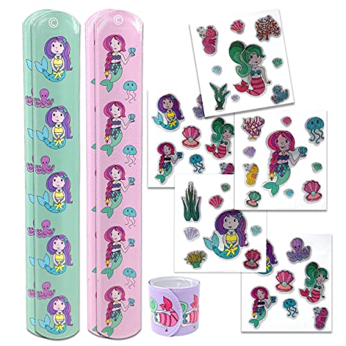 TOBJA Meerjungfrauen-Schnapparmbänder und Sticker-Set für Kinderpartys und Geburtstage - 5 Armbänder und passende Sticker-Sets im wunderschönen Design von TOBJA