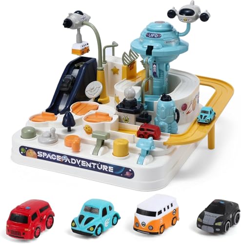 TODARRUN Erkunden Sie den Weltraum Car Adventue, Cars Rescue Adventure Track mit 4 Fahrzeugen, 8 Jahre, Geburtstagsgeschenke für Kinder und Kleinkinder von TODARRUN