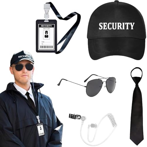 TOEECY Agent Kostüm Zubehör Set Spion ZubehöR mit SECURITY Baseball-Cap, schwarze Sonnenbrille, Arbeitskarte, Kartenhalter, Ohrstöpsel-Set für Party Rollenspiele(A TOEECY Agent Kostüm Zubehör Set Spion ZubehöR mit SECURITY Baseball-Cap, schwarze Sonnenbrille, Arbeitskarte, Kartenhalter, Ohrstöpsel-Set für Party Rollenspiele(A von TOEECY