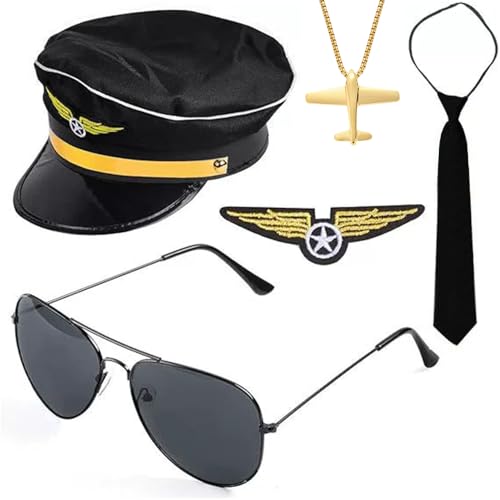 TOEECY Pilot Captain Kostüm Zubehör Set Herren Pilotenkappe, Abzeichen, Krawatte, Schulterriemen, Sonnenbrille perfekt für Party-Verkleidung und Cosplay für Erwachsene Männer TOEECY Pilot Captain Kostüm Zubehör Set Herren Pilotenkappe, Abzeichen, Krawatte, Schulterriemen, Sonnenbrille perfekt für Party-Verkleidung und Cosplay für Erwachsene Männer von TOEECY