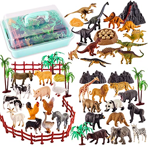 TOEY PLAY 3 in 1 Tiere Figuren Spielzeug, Bauernhof Spielzeug, Safari Wildtiere, Dinosaurier Figuren, Mini Tierfiguren mit Portable Koffer, 56 Stück, Geschenk für Kinder Jungen Mädchen ab 3 Jahre von TOEY PLAY