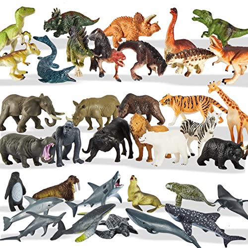 TOEY PLAY 36 Stück 3 in 1 Tierfiguren Set mit Dinosaurier Meerestiere Wildtiere, Realistische Mini Tiere Figuren Spielzeug für Kinder Mädchen Jungen ab 3 Jahren - T-Rex, Haie, Delfin, Zebra von TOEY PLAY