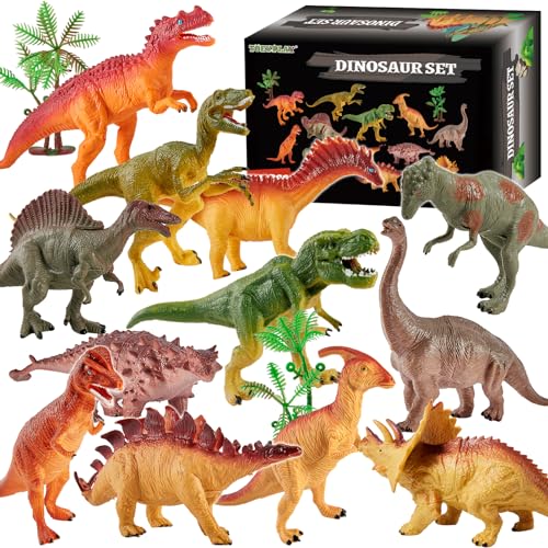 TOEY PLAY Groß Dinosaurier Figuren Set mit Bäume, 12 Stücke Dinosaurier Spielzeug Tyrannosaurus Rex, Triceratops Tiere, Dino Spielzeug für Kinder ab 3 4 5 Jahren von TOEY PLAY
