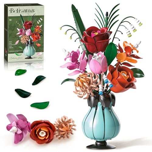 TOFFCAEA Botanische Rosenstrauß, 566 PCS Blumenstrauß Bausatz mit Vase, Kreatives Bauset für Erwachsene, Kunstblumen als Zimmer-Deko, Geschenk für Partner, Freundin oder Freund (Waldkuss) von TOFFCAEA