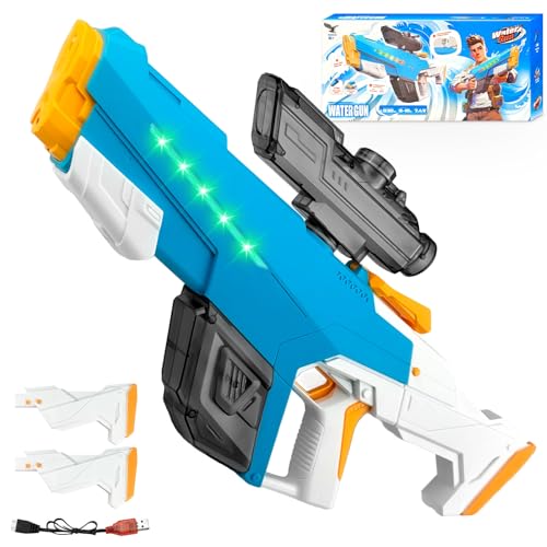 TOFFCAEA Wasserpistole Elektrisch, EIN-Knopf-Automatik Wasserspritzpistole, Geringem Stromschutz Wiederaufladbare, mit Licht, für Erwachsene and Kinder Outdoor Pool Strand Party (Blau) von TOFFCAEA