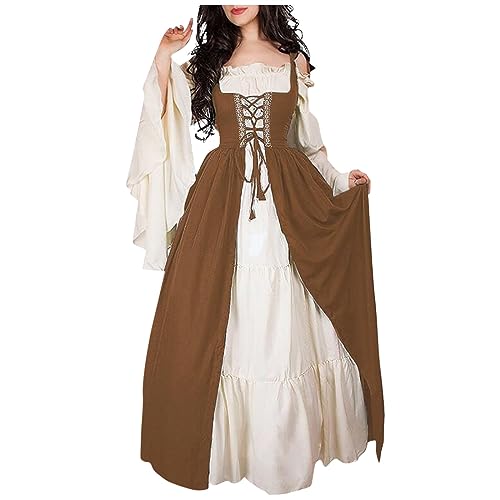 Schwarzes Kleid Lang Hexe Hexenkostüm Erwachsene Mittelalter Halloween Tag Der Toten Viktorianisches Spinnenkostüm Damen Outfit Horror Hexenkostüm Nonne Halloween Kostüm Damen Khaki L von TOFOTL