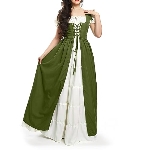 TOFOTL Mittelalter Kleidung Damen Warm Halloween Horror Viktorianisches Clothes Teufelkostüm Fledermaus Blutiges Halloweenkostüm Renaissance Kleid Rot Halloween Kostüm Hexe Damen Armeegrün 3XL von TOFOTL