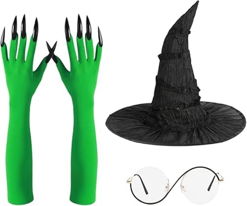 3 Stück Hexenkostüm für Damen, Hexe Kostüm Zubehör Halloween Hexe Cosplay Kostüm Zubehör Enthalten Hexenhut Brille Grüne Handschuh mit Schwarz Fingernägel für Erwachsene Halloween Cosplay Mottoparty von TOGETDREAM