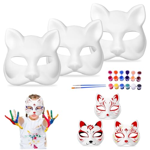 TOGETDREAM 3 Stück Katzenmaske DIY Weißes Papier Maske Leere Cat Mask Maskerade DIY Farbe Lieferung mit Farben und Pinseln Für Cosplay Karneval Maskerade Halloween Diy Masken Partyzubehör von TOGETDREAM