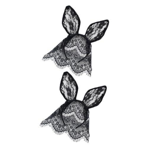 TOGEVAL 2 Stück Schwarzes Spitzen Haarreifen mit Katzen und Hasenohren Dekorative Tierohren Form Cosplay Accessoire mit Schleier für Damen Geeignet für Halloween Karneval Fasching und von TOGEVAL