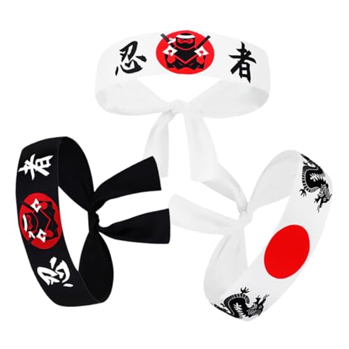 TOGEVAL 3 Stücke Japanisches Ninja Stirnband aus Atmungsaktivem Polyester Robustes Samurai Kopftuch für Karate Sport Sushi Cosplay und Alltagsmode Komfortabel und Vielseitig für Männer und von TOGEVAL