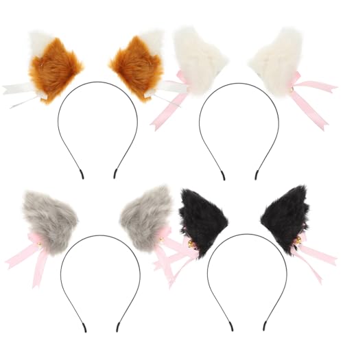 TOGEVAL 4 Paare Katze Ohren Haarklammern mit Schleife Dekorative Haarclips für Mädchen Weiche Plüsch Haarschmuck für Cosplay Feste und Geburtstagsfeiern von TOGEVAL