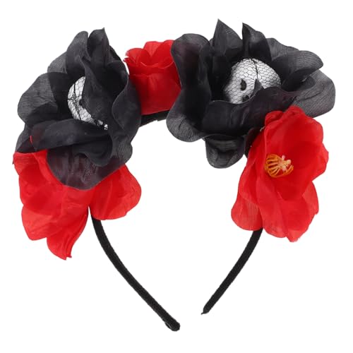 TOGEVAL Halloween Haarband mit Künstlichem Rosen Schädelmotiv Realistischer Schädelkopf Haarschmuck in Schwarz Rot Bequemes Party Accessoire für Halloween und Themenpartys von TOGEVAL