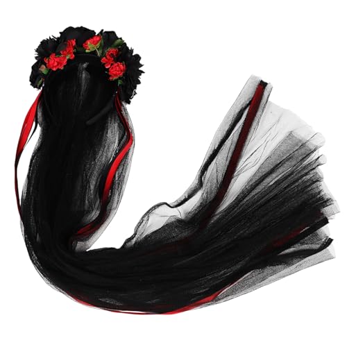 TOGEVAL Halloween Haarschmuck Damen Schwarzes Rosen Stirnband mit Schleier und Band Kopfbedeckung für Karneval Masquerade und Feste von TOGEVAL