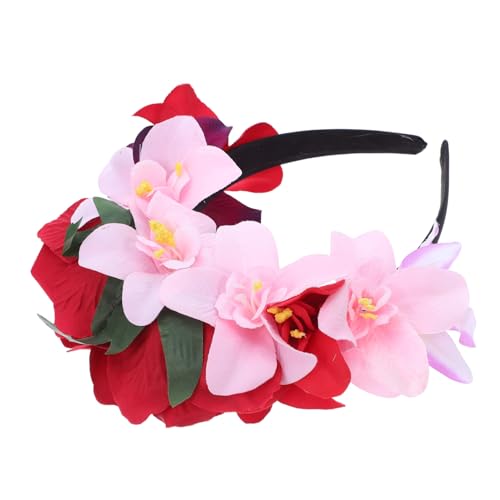 TOGEVAL Mexikanische Rosenblüten Krone Stirnband Day Of The Dead Headpiece Halloween Haarband Leicht Bequem für Party Kostüm Zubehör Tiefrot Blumenschmuck von TOGEVAL