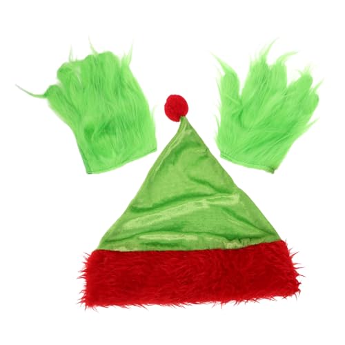 TOGEVAL Weihnachtsmütze mit Grünem Flauschigem Monsterhandschuh Set Santa Kostümzubehör Vielseitig für Halloween Weihnachtsfeiern und Rollenspiele Wiederverwendbar und Auffälliges Design von TOGEVAL