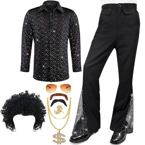 TOKYMOON 8 Pcs Herren 70s 80 Jahre Outfit Retro Disco Kostüm Set Männer Hippie Kostüm Hemd Hose Anzug mit Perücke Schnurrbart Halskette Sonnenbrille für Party TOKYMOON 8 Pcs Herren 70s 80 Jahre Outfit Retro Disco Kostüm Set Männer Hippie Kostüm Hemd Hose Anzug mit Perücke Schnurrbart Halskette Sonnenbrille für Party von TOKYMOON