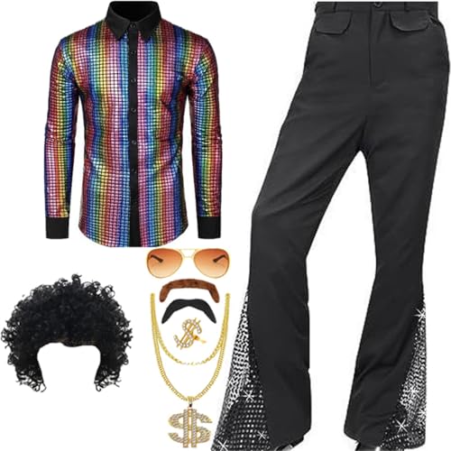 TOKYMOON 8 Pcs Herren 70s 80 Jahre Outfit Retro Disco Kostüm Set Männer Hippie Kostüm Hemd Hose Anzug mit Perücke Schnurrbart Halskette Sonnenbrille für Party TOKYMOON 8 Pcs Herren 70s 80 Jahre Outfit Retro Disco Kostüm Set Männer Hippie Kostüm Hemd Hose Anzug mit Perücke Schnurrbart Halskette Sonnenbrille für Party von TOKYMOON