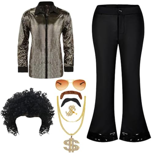 TOKYMOON 8 Pcs Herren 70s 80 Jahre Outfit Retro Disco Kostüm Set Männer Hippie Kostüm Hemd Hose Anzug mit Perücke Schnurrbart Halskette Sonnenbrille für Party TOKYMOON 8 Pcs Herren 70s 80 Jahre Outfit Retro Disco Kostüm Set Männer Hippie Kostüm Hemd Hose Anzug mit Perücke Schnurrbart Halskette Sonnenbrille für Party von TOKYMOON