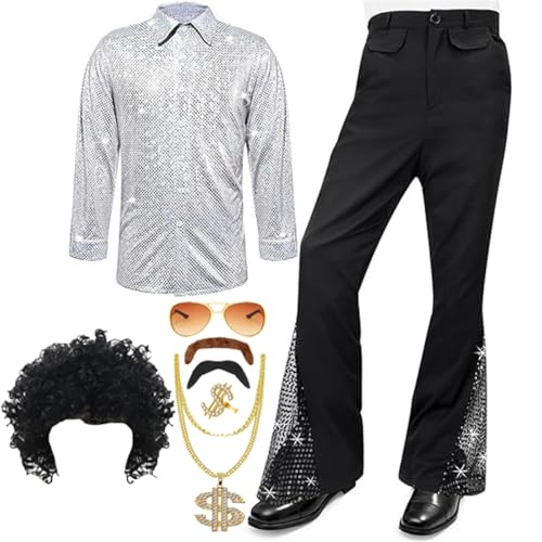 TOKYMOON 8 Pcs Herren 70s 80 Jahre Outfit Retro Disco Kostüm Set Männer Hippie Kostüm Hemd Hose Anzug mit Perücke Schnurrbart Halskette Sonnenbrille für Party TOKYMOON 8 Pcs Herren 70s 80 Jahre Outfit Retro Disco Kostüm Set Männer Hippie Kostüm Hemd Hose Anzug mit Perücke Schnurrbart Halskette Sonnenbrille für Party von TOKYMOON
