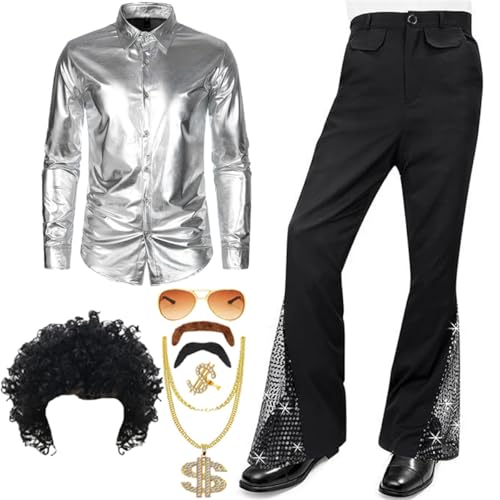 TOKYMOON 8 Pcs Herren 70s 80 Jahre Outfit Retro Disco Kostüm Set Männer Hippie Kostüm Hemd Hose Anzug mit Perücke Schnurrbart Halskette Sonnenbrille für Party TOKYMOON 8 Pcs Herren 70s 80 Jahre Outfit Retro Disco Kostüm Set Männer Hippie Kostüm Hemd Hose Anzug mit Perücke Schnurrbart Halskette Sonnenbrille für Party von TOKYMOON