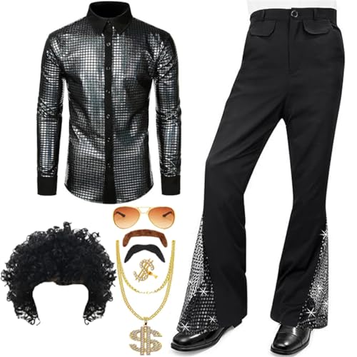 TOKYMOON 8 Pcs Herren 70s 80 Jahre Outfit Retro Disco Kostüm Set Männer Hippie Kostüm Hemd Hose Anzug mit Perücke Schnurrbart Halskette Sonnenbrille für Party TOKYMOON 8 Pcs Herren 70s 80 Jahre Outfit Retro Disco Kostüm Set Männer Hippie Kostüm Hemd Hose Anzug mit Perücke Schnurrbart Halskette Sonnenbrille für Party von TOKYMOON