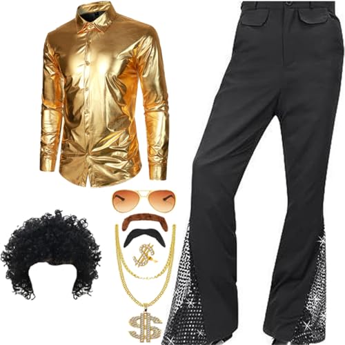 TOKYMOON 8 Pcs Herren 70s 80 Jahre Outfit Retro Disco Kostüm Set Männer Hippie Kostüm Hemd Hose Anzug mit Perücke Schnurrbart Halskette Sonnenbrille für Party TOKYMOON 8 Pcs Herren 70s 80 Jahre Outfit Retro Disco Kostüm Set Männer Hippie Kostüm Hemd Hose Anzug mit Perücke Schnurrbart Halskette Sonnenbrille für Party von TOKYMOON