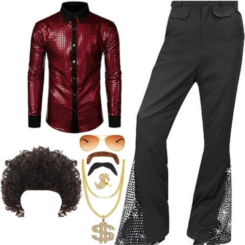 TOKYMOON 8 Pcs Herren 70s 80 Jahre Outfit Retro Disco Kostüm Set Männer Hippie Kostüm Hemd Hose Anzug mit Perücke Schnurrbart Halskette Sonnenbrille für Party TOKYMOON 8 Pcs Herren 70s 80 Jahre Outfit Retro Disco Kostüm Set Männer Hippie Kostüm Hemd Hose Anzug mit Perücke Schnurrbart Halskette Sonnenbrille für Party von TOKYMOON