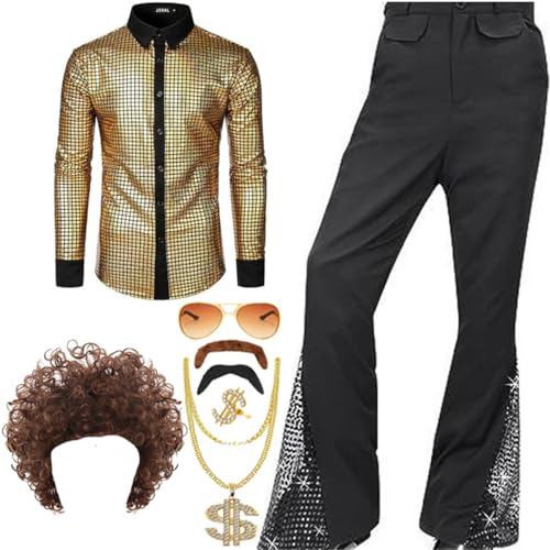 TOKYMOON 8 Pcs Herren 70s 80 Jahre Outfit Retro Disco Kostüm Set Männer Hippie Kostüm Hemd Hose Anzug mit Perücke Schnurrbart Halskette Sonnenbrille für Party TOKYMOON 8 Pcs Herren 70s 80 Jahre Outfit Retro Disco Kostüm Set Männer Hippie Kostüm Hemd Hose Anzug mit Perücke Schnurrbart Halskette Sonnenbrille für Party von TOKYMOON