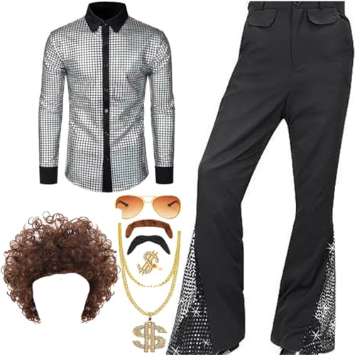 TOKYMOON 8 Pcs Herren 70s 80 Jahre Outfit Retro Disco Kostüm Set Männer Hippie Kostüm Hemd Hose Anzug mit Perücke Schnurrbart Halskette Sonnenbrille für Party TOKYMOON 8 Pcs Herren 70s 80 Jahre Outfit Retro Disco Kostüm Set Männer Hippie Kostüm Hemd Hose Anzug mit Perücke Schnurrbart Halskette Sonnenbrille für Party von TOKYMOON
