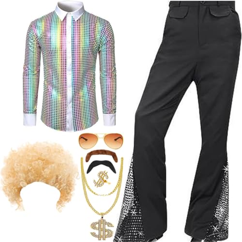 TOKYMOON 8 Pcs Herren 70s 80 Jahre Outfit Retro Disco Kostüm Set Männer Hippie Kostüm Hemd Hose Anzug mit Perücke Schnurrbart Halskette Sonnenbrille für Party TOKYMOON 8 Pcs Herren 70s 80 Jahre Outfit Retro Disco Kostüm Set Männer Hippie Kostüm Hemd Hose Anzug mit Perücke Schnurrbart Halskette Sonnenbrille für Party von TOKYMOON