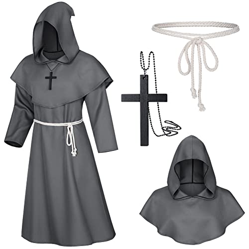 TOKYO REVENGERS Mittelalterlicher Renaissance-Mönch Bruder Priester Zauberer Umhang mit Kapuze Robe Cosplay Gürtel Halskette Set (Grau, 2XL) von TOKYO REVENGERS