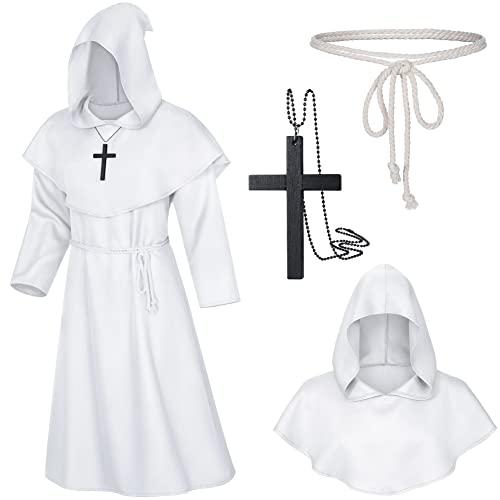TOKYO REVENGERS Mittelalterlicher Renaissance-Mönch Bruder Priester Zauberer Umhang mit Kapuze Robe Cosplay Gürtel Halskette Set (Weiß, M) von TOKYO REVENGERS