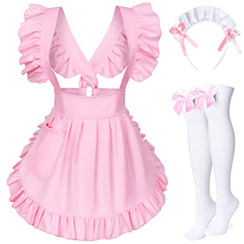 TOKYO REVENGERS Verstellbare Retro-Rüschen-Kostüm-Schürze, Taschen mit französischem Kopfschmuck, Socken-Set, Style1 Pink, Einheitsgröße von TOKYO REVENGERS