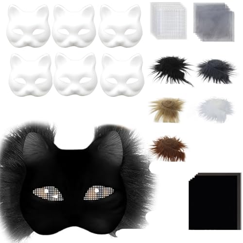 TOLASTO 29-teiliges Therian-Masken-Set, Fuchs-Katzen-Maske mit Fell und Augennetz, Filzstoffbogen, DIY Blanko-Papiermasken, Malset für Maskerade, Karneval, Cosplay, Party, Halloween (schwarz) von TOLASTO