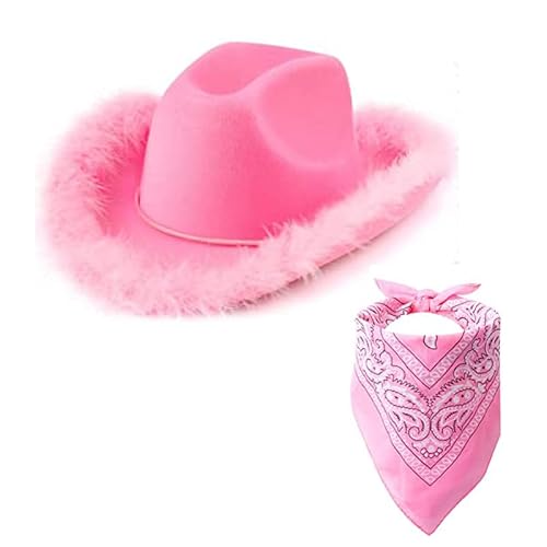 TOLASTO Damenhut Cowboyhut aus Filz mit Federbesatz & knallrosa Bandana – Breitkrempiger Partyhut für Kostümfeste, Halloween, Geburtstag & Junggesellinnenabschied TOLASTO Damenhut Cowboyhut aus Filz mit Federbesatz & knallrosa Bandana – Breitkrempiger Partyhut für Kostümfeste, Halloween, Geburtstag & Junggesellinnenabschied von TOLASTO