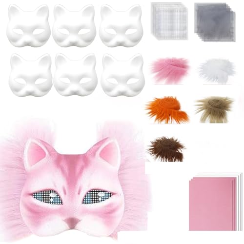 TOLASTO Therian-Masken-Set, Fuchskatzen-Maske mit Fell und Augennetz, Filz-Stoffblatt, blanko, Papiermasken, Malset für Maskerade, Karneval, Cosplay, Party, Halloween, 29-teilig (Rosa) von TOLASTO