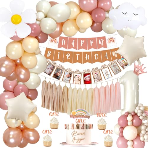 1. Geburtstag Deko Mädchen,Erste Boho Geburtstagsdeko mit Rainbow Happy Birthday Banner, Folie 1 Luftballon, Monat Foto Banner,Tassel,ONE Cake Topper, 1 Jahr Beige Luftballons Girlande von TOLOYE