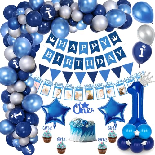 1. Geburtstag Deko Jungen, Ersten Geburtstag Girlande Foto Banner,Happy Birthday Girlande Ballons Banner, Luftballons Blau,Deko 1 Geburtstag,Geburtstagsdeko Jungen,Babyparty Deko von TOLOYE