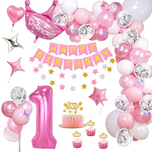 1. Geburtstag Mädchen Rosa, TOLOYE Geburtstag Dekoration Mädchen 1 Jahr, Goldene KroneTorte Toppers,Rosa Silber Konfetti Luftballons für Rosa Mädchen Babyparty Deko Geburtstag von TOLOYE