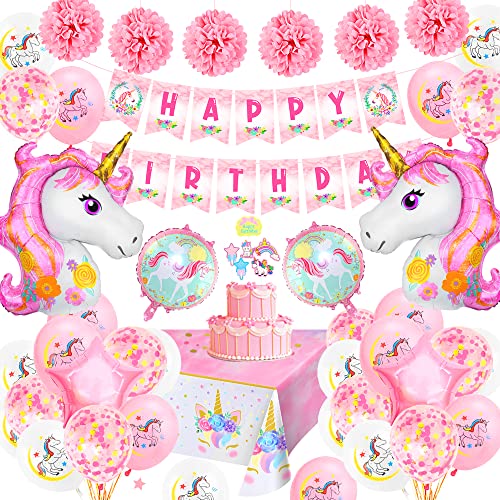 Einhorn Geburtstagsdeko Mädchen - Rosa Kindergeburtstag Set Mit Happy Birthday Banner, 3D Folie Ballons, Confetti Luftballons, Unicorn Tablecloth, Pompoms - Pastell Party Supplies Für Baby von TOLOYE