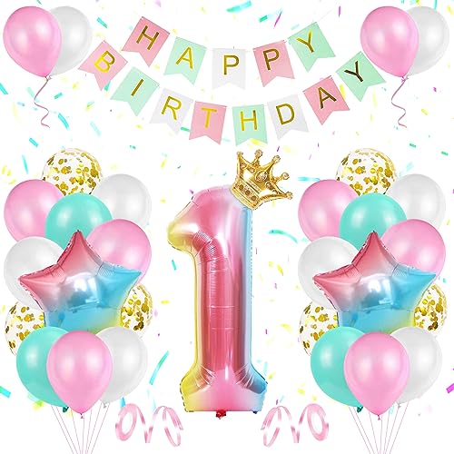 Geburtstag Rosa Dekoration 1 jahr,TOLOYE Luftballon 1. Geburtstag Mädchen, Heliumfolienballons mit großem Farbverlauf, Alles Gute zum Geburtstag Banner und Bänder für Deko Mädchen 1. Geburtstag (1) von TOLOYE