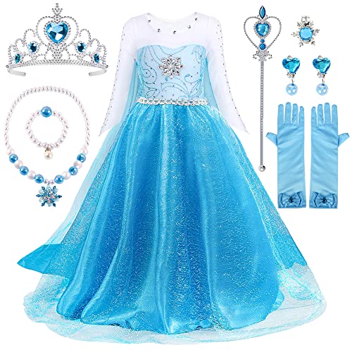 Prinzessin Kleid Mädchen, Eiskönigin Elsa Kleid mit Elsa Krone Zauberstab Halsketten-Set, Abendkleid Lang Elsa Prinzessin Kostüm Mädchen für Hochzeit Cosplay Karneval Hochzeit Geburtstagsfeier (120) von TOLOYE