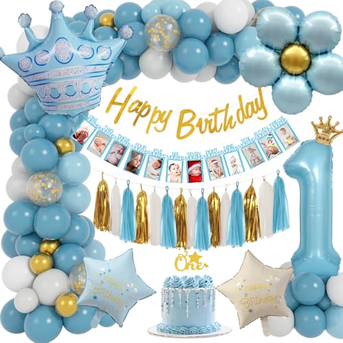 TOLOYE 1. Geburtstag Junge Deko, Blau Geburtstagsdeko 1 Jahr Junge mit Happy Birthday Banner, Luftballon 1, Monat Foto Banner, Tassel, ONE Cake Topper, Party Deko für Erster Geburtstag Junge TOLOYE 1. Geburtstag Junge Deko, Blau Geburtstagsdeko 1 Jahr Junge mit Happy Birthday Banner, Luftballon 1, Monat Foto Banner, Tassel, ONE Cake Topper, Party Deko für Erster Geburtstag Junge von TOLOYE