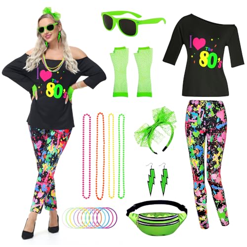 TOLOYE 80er Jahre Outfit Damen, Kostüm 80er Jahre Hippie Kostüm mit Hippie Oberteil Hosen 80er Jahre Accessoires, Kostüm Damen Fasching, 80er Kostüm für Karneval Neon Party Outfit von TOLOYE